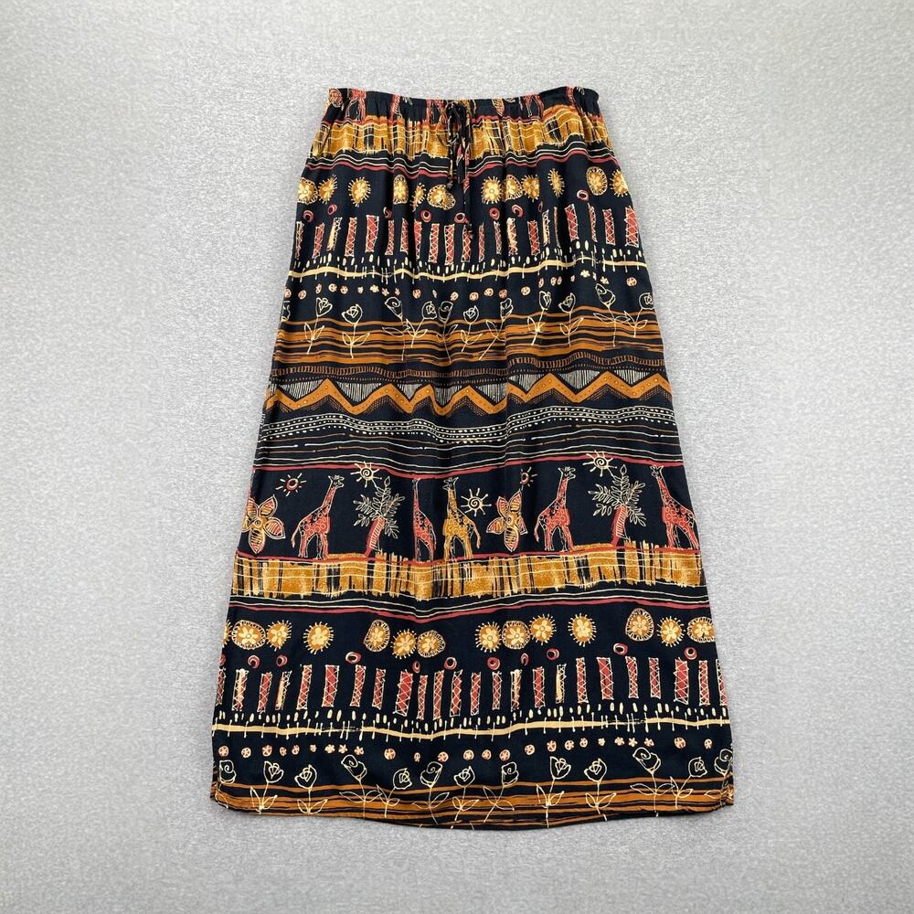 90s Vintage DressBarn Maxi Skirt Size L Black Brown Safari Giraffe Boho Hippie